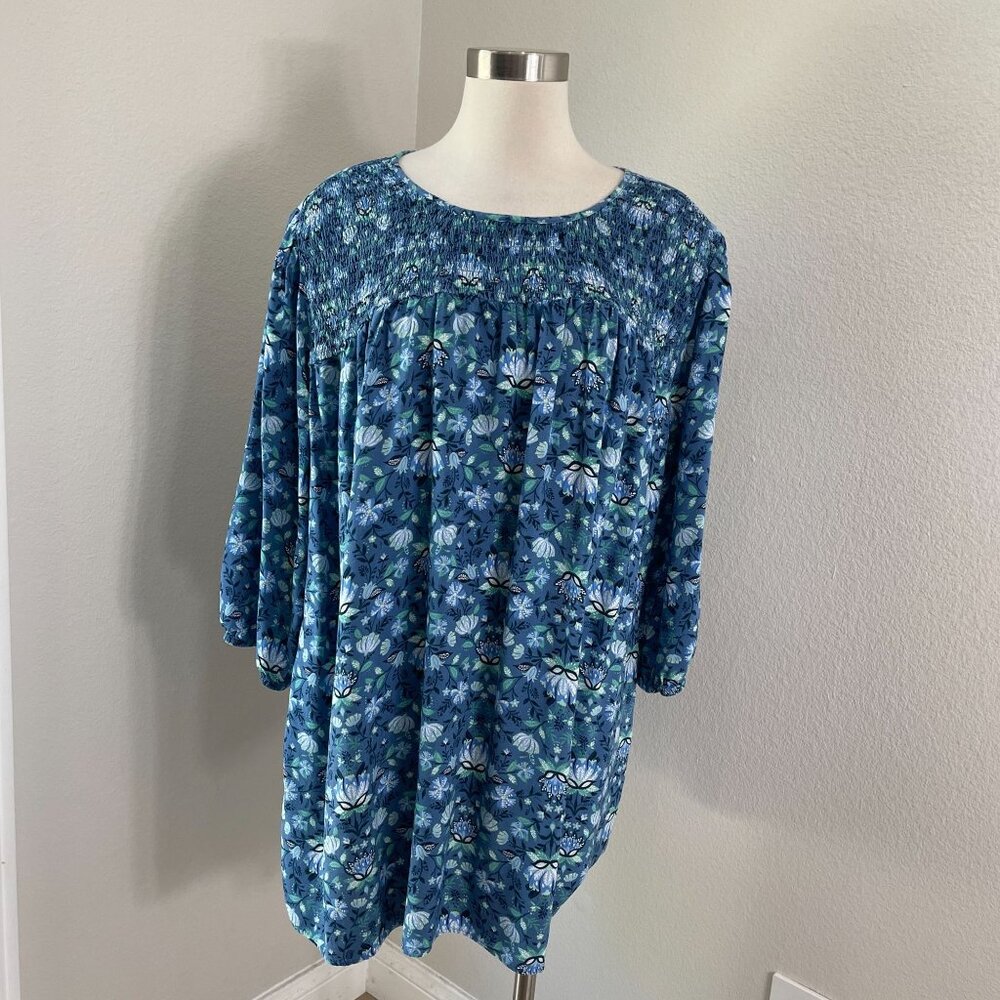 Croft & Barrow Womens Plus 2X Floral Smocked 3/4 Sleeve Shirt Blouse Top‎